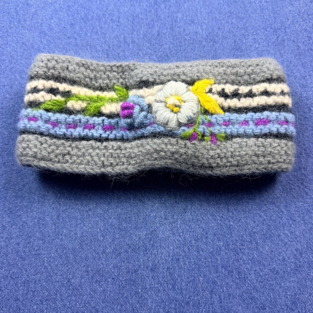 Trimdin 100% Wool Hand Embroidered Floral Knit Headband Ear Warmer Grey Nepal